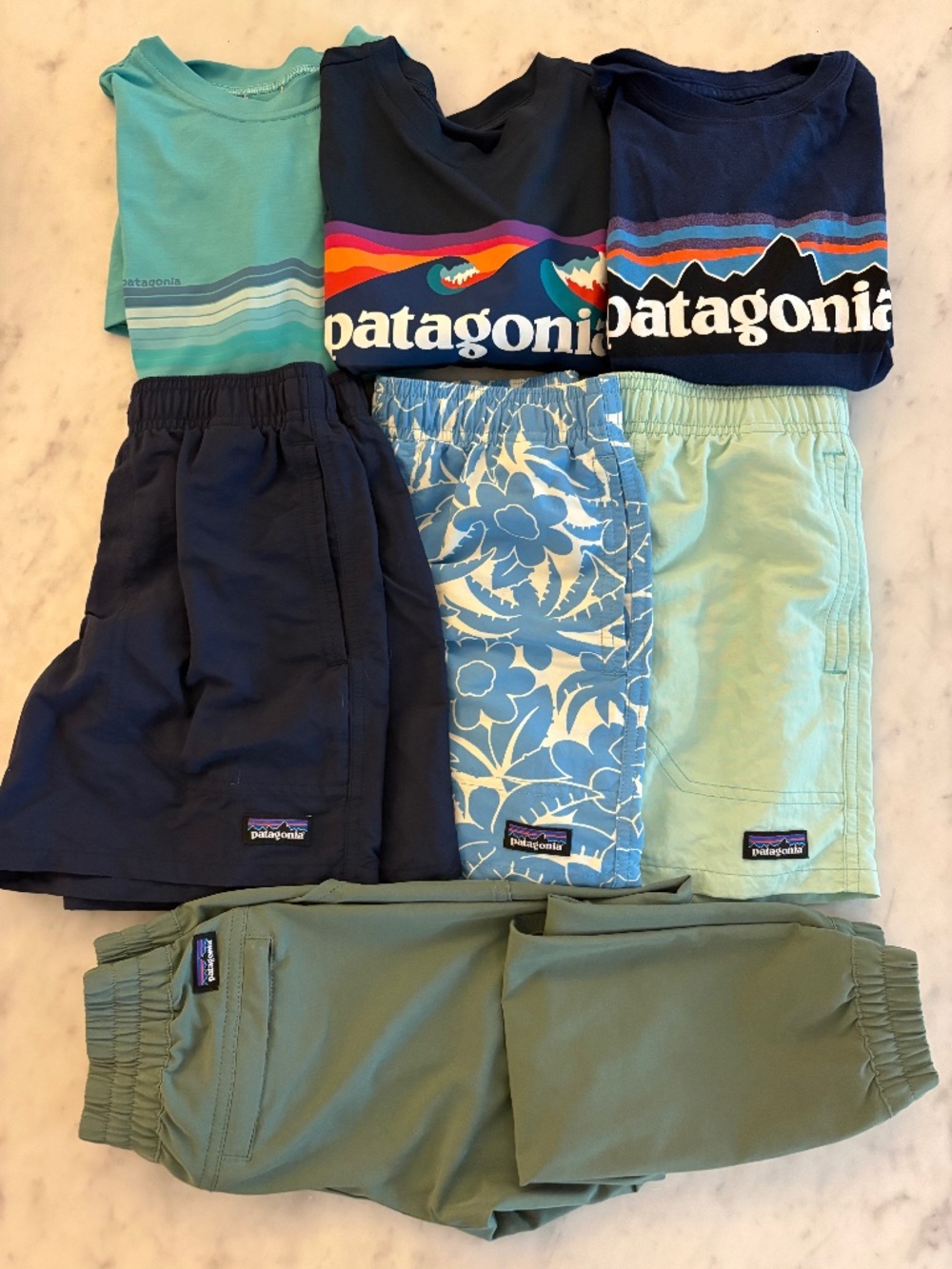 Patagonia Boys Lot YS 7-8 Baggies Shorts Sun Shirts P-6 Tee + XS Jogger